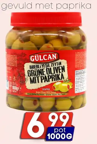 Özbaktat Supermarkt Gülcan groene olijven gevuld met paprika aanbieding