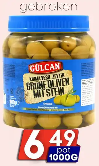 Özbaktat Supermarkt Gülcan groene olijven gebroken aanbieding