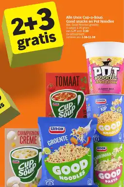 Albert Heijn Alle Unox Cup a Soup, Good snacks en Pot Noodles aanbieding