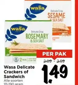 Vomar Voordeelmarkt Wasa Delicate Crackers of Sandwich aanbieding
