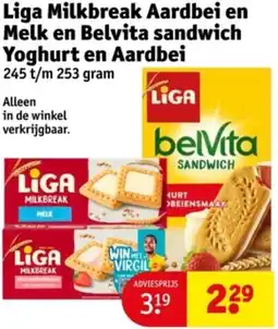 Kruidvat Liga Milkbreak Aardbei en Melk en Belvita sandwich Yoghurt en Aardbei aanbieding