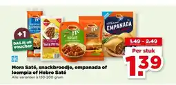 PLUS Mora Saté, snackbroodje, empanada of loempia of Hebro Saté aanbieding