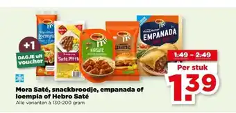 PLUS Mora Saté, snackbroodje, empanada of loempia of Hebro Saté aanbieding
