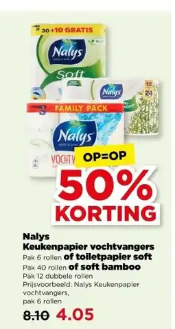 PLUS Nalys Keukenpapier vochtvangers of toiletpapier soft of soft bamboo aanbieding
