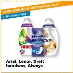 Coop Ariel, Lenor, Dreft handwas, Always aanbieding