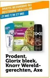 Coop Prodent, Glorix bleek, Knorr Wereldgerechten, Axe aanbieding