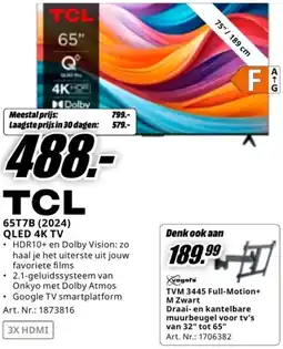 MediaMarkt Tcl 65t7b 2024 qled 4k tv aanbieding