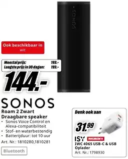 MediaMarkt Sonos roam 2 zwart draagbare speaker aanbieding