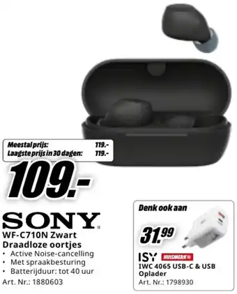 MediaMarkt Sony wf c710n zwart draadloze oortjes aanbieding