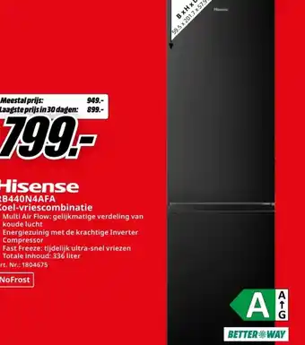 MediaMarkt Hisense RB440N4AFA Koelvriescombinatie aanbieding