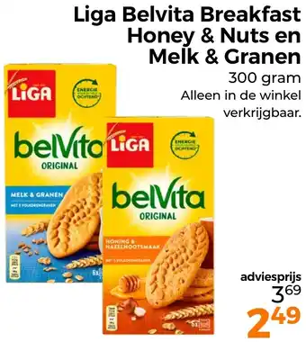 Trekpleister Liga Belvita Breakfast Honey & Nuts en Melk & Granen aanbieding