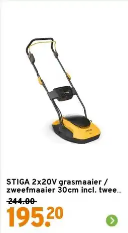 GAMMA STIGA 2x20V grasmaaier / zweefmaaier 30cm incl. twee 4,0Ah accu's + dubbele lader aanbieding