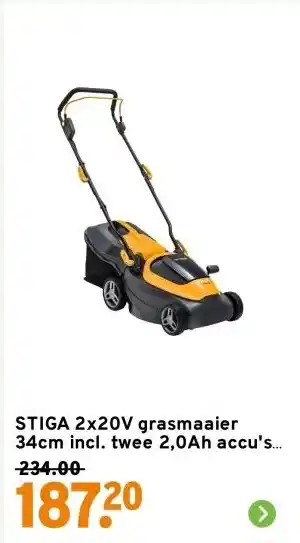 GAMMA STIGA 2x20V grasmaaier 34cm incl. twee 2,0Ah accu's + dubbele lader aanbieding