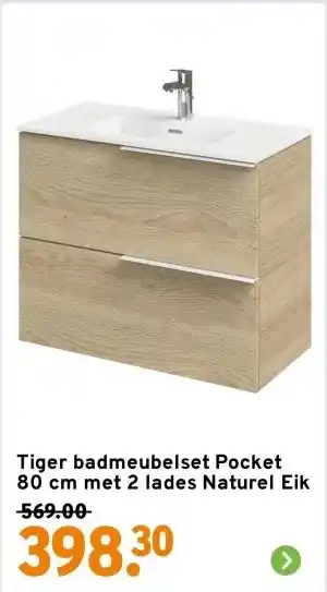 GAMMA Tiger badmeubelset Pocket 80 cm met 2 lades Naturel Eik aanbieding