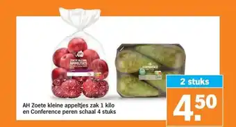 Albert Heijn AH Zoete kleine appeltjes zak 1 kilo en Conference peren schaal 4 stuks aanbieding