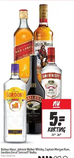 Jumbo Baileys likeur, Johnnie Walker Whisky, Captain Morgan Rum, Gordons Gin of Smirnoff Vodka aanbieding