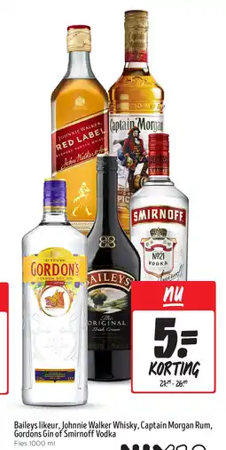 Jumbo Baileys likeur, Johnnie Walker Whisky, Captain Morgan Rum, Gordons Gin of Smirnoff Vodka aanbieding