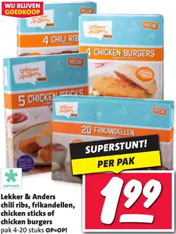 Nettorama Lekker & Anders chili ribs, frikandellen, chicken sticks of chicken burgers aanbieding