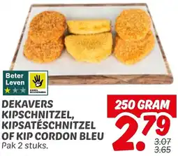 Dekamarkt Dekavers kipschnitzel, kipsatéschnitzel of kip cordon bleu aanbieding