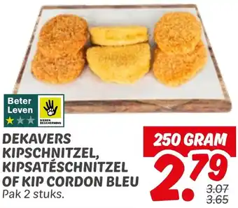 Dekamarkt Dekavers kipschnitzel, kipsatéschnitzel of kip cordon bleu aanbieding