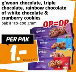 Poiesz G'woon chocolate, triple chocolate, rainbow chocolate of white chocolate & cranberry cookies aanbieding