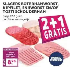 MCD Supermarkt SLAGERS BOTERHAMWORST, KIPFILET, SNIJWORST EN/OF TOSTI SCHOUDERHAM aanbieding