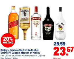 Makro Baileys, Johnnie Walker Red Label, Smirnoff, Captain Morgan of Malibu aanbieding