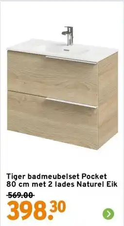 GAMMA Tiger badmeubelset Pocket 80 cm met 2 lades Naturel Eik aanbieding