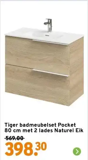 GAMMA Tiger badmeubelset Pocket 80 cm met 2 lades Naturel Eik aanbieding