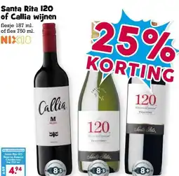 Boon`s Markt Santa Rita 120 of Callia wijnen flesje 187 ml. of fles 750 ml. aanbieding