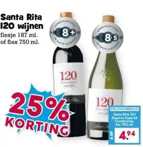 Boon`s Markt Santa Rita 120 wijnen flesje 187 ml. of fles 750 ml. aanbieding