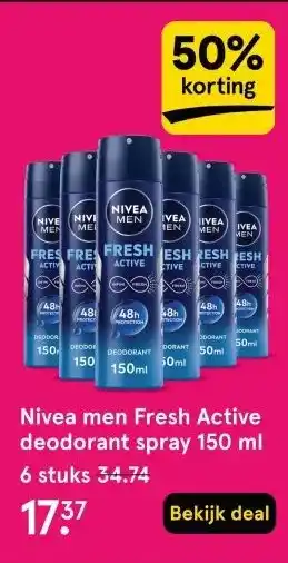 Etos Nivea men Fresh Active deodorant spray 150 ml aanbieding