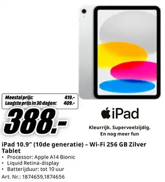 MediaMarkt iPad 10.9 (10de generatie) - Wi-Fi 256 GB Zilver Tablet aanbieding