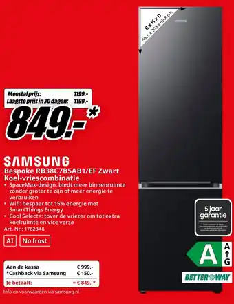 MediaMarkt SAMSUNG Bespoke Zwart Koel-vriescombinatie aanbieding