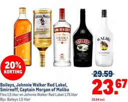 Makro Baileys, Johnnie Walker Red Label, Smirnoff, Captain Morgan of Malibu aanbieding