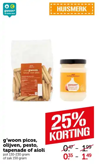 Coop g'woon picos, olijven, pesto, tapenade of aioli 130-230 gram aanbieding