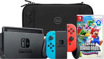 Coolblue Nintendo Switch Rood/Blauw + Super Mario Bros. Wonder + BlueBuilt Beschermhoes aanbieding