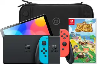 Coolblue Nintendo Switch OLED Blauw/Rood + Animal Crossing New Horizons + BlueBuilt Beschermhoes aanbieding