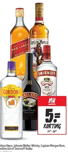 Jumbo Baileys likeur, Johnnie Walker Whisky, Captain Morgan Rum, Gordons Gin of Smirnoff Vodka aanbieding