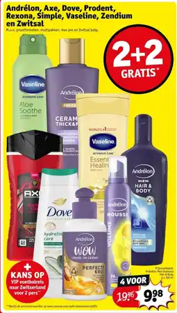 Kruidvat Andrélon, Axe, Dove, Prodent, Rexona, Simple, Vaseline, Zendium en Zwitsal aanbieding