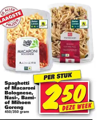 Nettorama Spaghetti of macaroni bolognese, nasi-, bami- of mihoen goreng 450/350 gram aanbieding