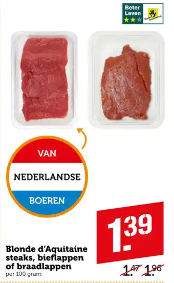 Coop Blonde d'aquitaine steaks, bieflappen of braadlappen 100 gram aanbieding