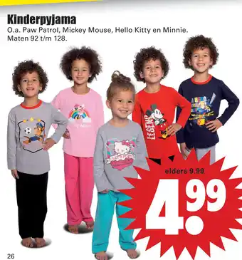 Dirk Kinderpyjama O.a. Paw Patrol, Mickey Mouse, Hello Kitty en Minnie. Maten 92 t/m 128. aanbieding