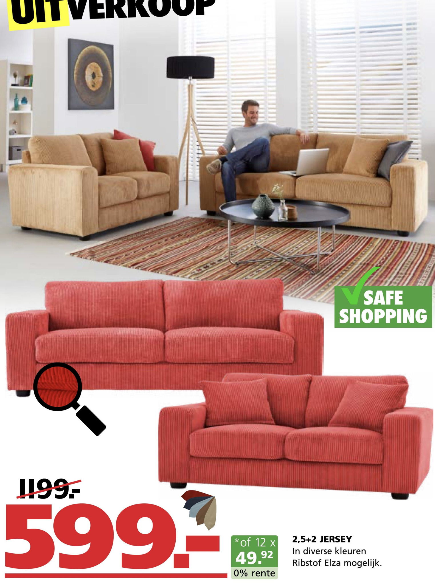 2,5+2 JERSEY In diverse kleuren Ribstof Elza mogelijk. aanbieding bij