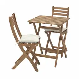 IKEA Askholmen Tafel+2 klapstoelen, buiten, donkerbruin/kuddarna licht grijsbeige, 60x62 cm aanbieding