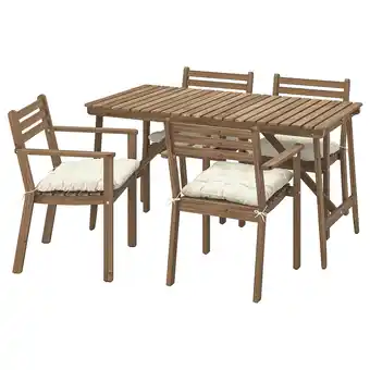 IKEA Askholmen Tafel+4 leunstoelen, buiten, donkerbruin/kuddarna licht grijsbeige, 143x75 cm aanbieding