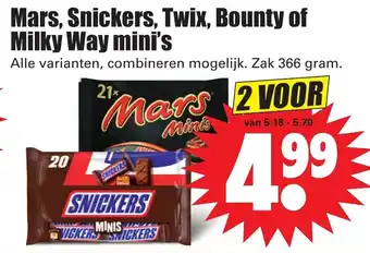 Dirk Mars, Snikers, Twix, Bounty of Milky Way mini's 2*366g aanbieding