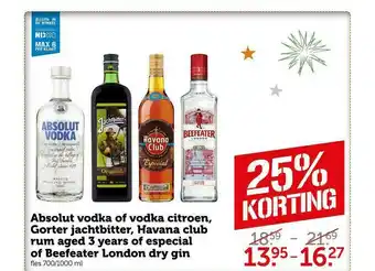 CoopCompact Absolut Vodka Of Vodka Citroen, Gorter Jachtbitter, Havana Club Rum Aged 3 Years Of Especial Of Beefeater London Dry Gin 25%  aanbieding