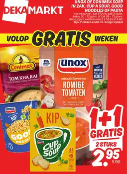 Dekamarkt Unox of conimex soep in zak, cup a soup, good noodles of pasta aanbieding