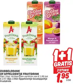 Dekamarkt Dubbeldrank of appelsientje fruitdrink aanbieding